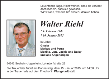 Traueranzeige von Walter Riehl von Echo-Zeitungen (Gesamtausgabe)