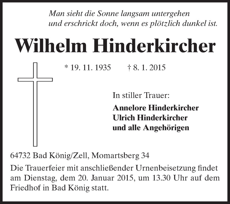  Traueranzeige für Wilhelm Hinderkircher vom 17.01.2015 aus Odenwälder Echo