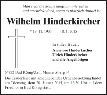 Traueranzeige von Wilhelm Hinderkircher von Odenwälder Echo