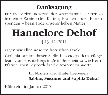 Traueranzeige von Hannelore Dehof von Echo-Zeitungen (Gesamtausgabe)