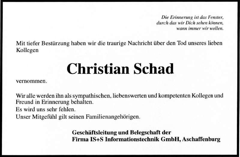  Traueranzeige für Christian Schad vom 15.01.2015 aus Echo-Zeitungen (Gesamtausgabe)
