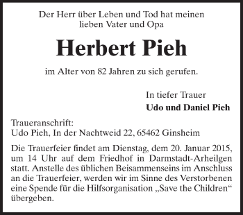 Traueranzeige von Herbert Pieh von Echo-Zeitungen (Gesamtausgabe)
