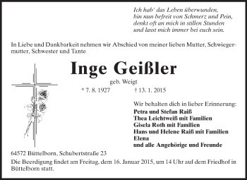 Traueranzeige von Inge Geißler von Echo-Zeitungen (Gesamtausgabe)