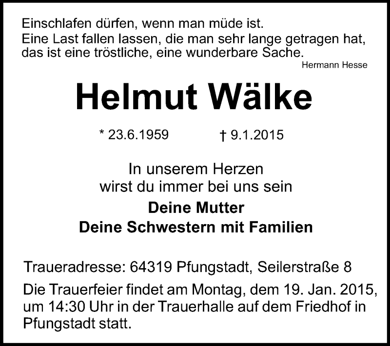  Traueranzeige für Helmut Wälke vom 15.01.2015 aus Echo-Zeitungen (Gesamtausgabe)