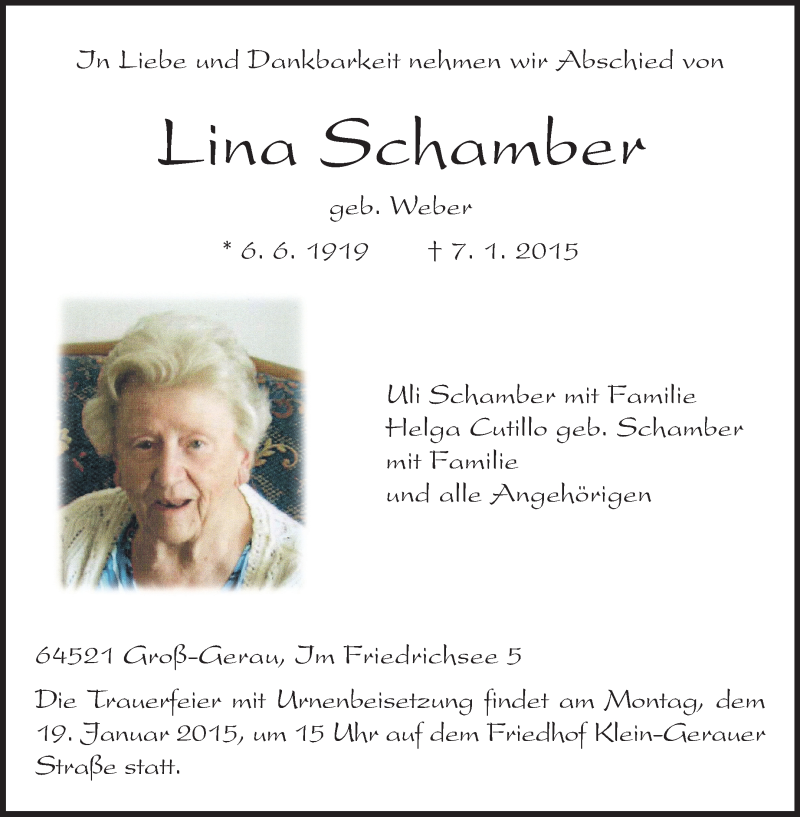  Traueranzeige für Lina Schamber vom 17.01.2015 aus Rüsselsheimer Echo, Groß-Gerauer-Echo, Ried Echo