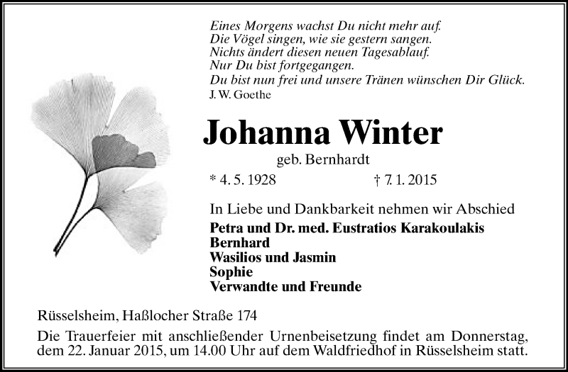  Traueranzeige für Johanna Winter vom 17.01.2015 aus Rüsselsheimer Echo, Groß-Gerauer-Echo, Ried Echo