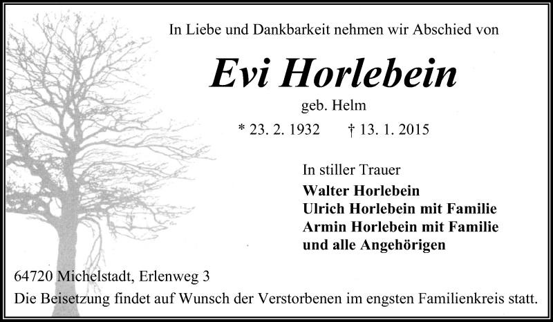  Traueranzeige für Evi  Horlebein vom 17.01.2015 aus Odenwälder Echo