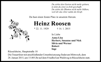 Traueranzeige von Heinz Roosen von Rüsselsheimer Echo, Groß-Gerauer-Echo, Ried Echo