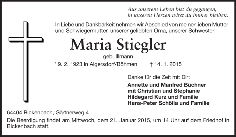  Traueranzeige für Maria Stiegler vom 17.01.2015 aus Echo-Zeitungen (Gesamtausgabe)