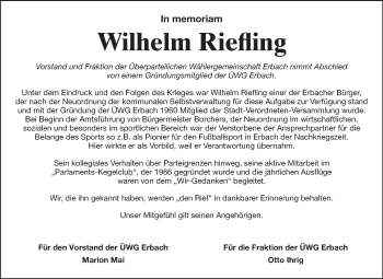 Traueranzeige von Wilhelm Riefling von Odenwälder Echo