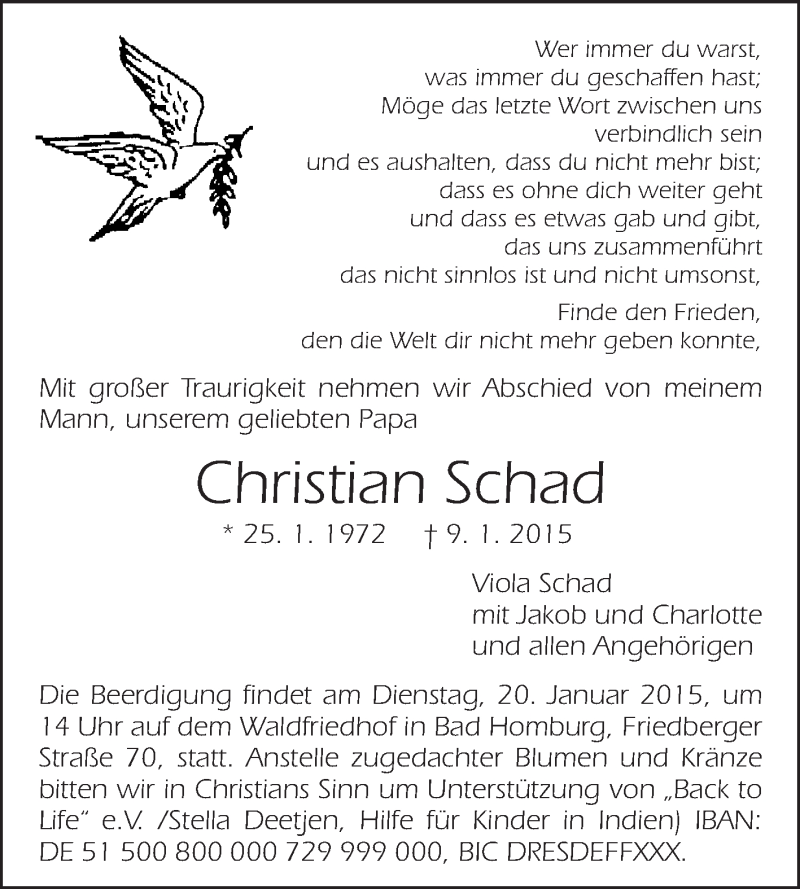  Traueranzeige für Christian Schad vom 17.01.2015 aus Echo-Zeitungen (Gesamtausgabe)