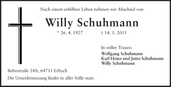 Traueranzeige von Willy Schuhmann von Odenwälder Echo
