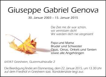 Traueranzeige von Giuseppe Gabriel Genova von Echo-Zeitungen (Gesamtausgabe)