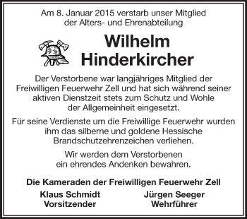 Traueranzeige von Wilhelm Hinderkircher von Odenwälder Echo