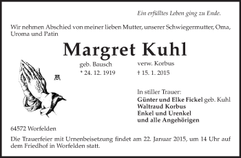 Traueranzeige von Margret Kuhl von Rüsselsheimer Echo, Groß-Gerauer-Echo, Ried Echo