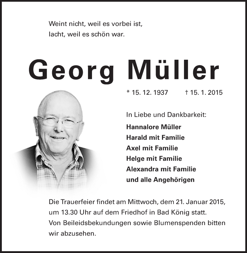  Traueranzeige für Georg Müller vom 20.01.2015 aus Odenwälder Echo