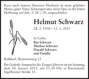 Traueranzeige von Helmut Schwarz von Echo-Zeitungen (Gesamtausgabe)