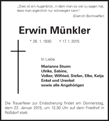Traueranzeige von Erwin Münkler von Echo-Zeitungen (Gesamtausgabe)