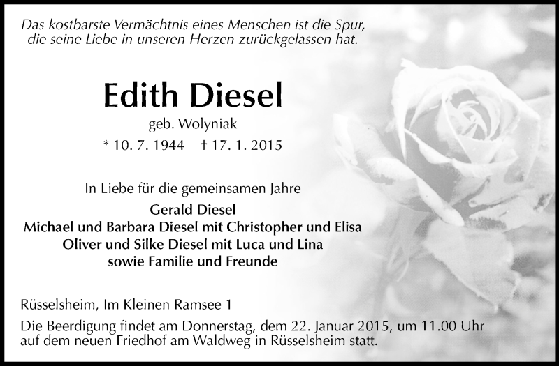  Traueranzeige für Edith Diesel vom 20.01.2015 aus Rüsselsheimer Echo, Groß-Gerauer-Echo, Ried Echo