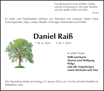 Traueranzeige von Daniel Raiß von Rüsselsheimer Echo, Groß-Gerauer-Echo, Ried Echo