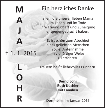 Traueranzeige von Maja Lohr von Rüsselsheimer Echo, Groß-Gerauer-Echo, Ried Echo