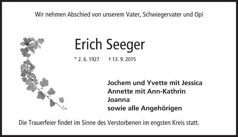  Traueranzeige für Erich Seeger vom 19.09.2015 aus trauer.echo-online.de