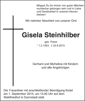 Traueranzeige von Gisela Steinhilber von trauer.echo-online.de