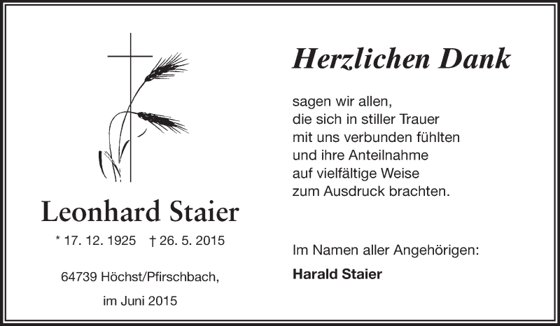  Traueranzeige für Leonhard Staier vom 27.06.2015 aus Odenwälder Echo