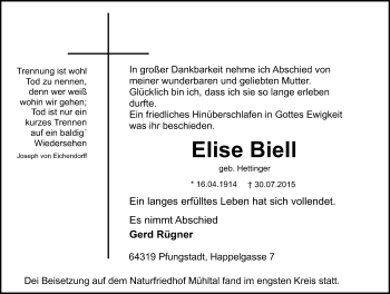 Traueranzeige von Elise Biell von trauer.echo-online.de