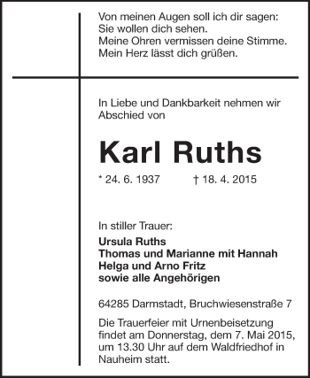 Traueranzeige von Karl Ruths von Rüsselsheimer Echo, Groß-Gerauer-Echo, Ried Echo
