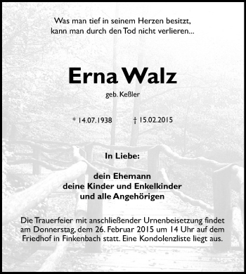 Traueranzeige von Erna Walz von Odenwälder Echo