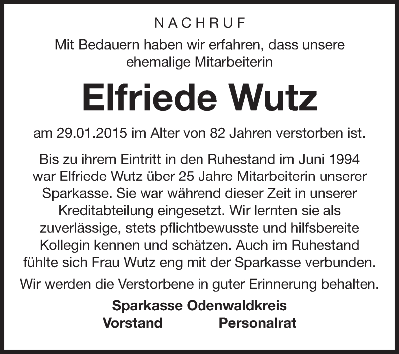  Traueranzeige für Elfriede Wutz vom 03.02.2015 aus Odenwälder Echo