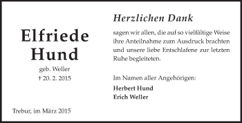 Traueranzeige von Elfriede Hund von Rüsselsheimer Echo, Groß-Gerauer-Echo, Ried Echo