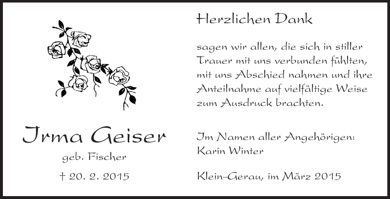  Traueranzeige für Irma Geiser vom 14.03.2015 aus Rüsselsheimer Echo, Groß-Gerauer-Echo, Ried Echo