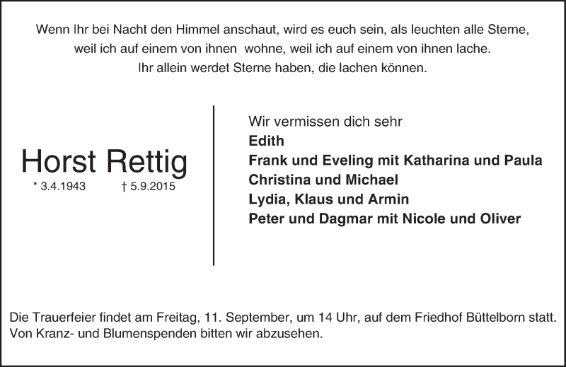  Traueranzeige für Horst Rettig vom 09.09.2015 aus trauer.echo-online.de