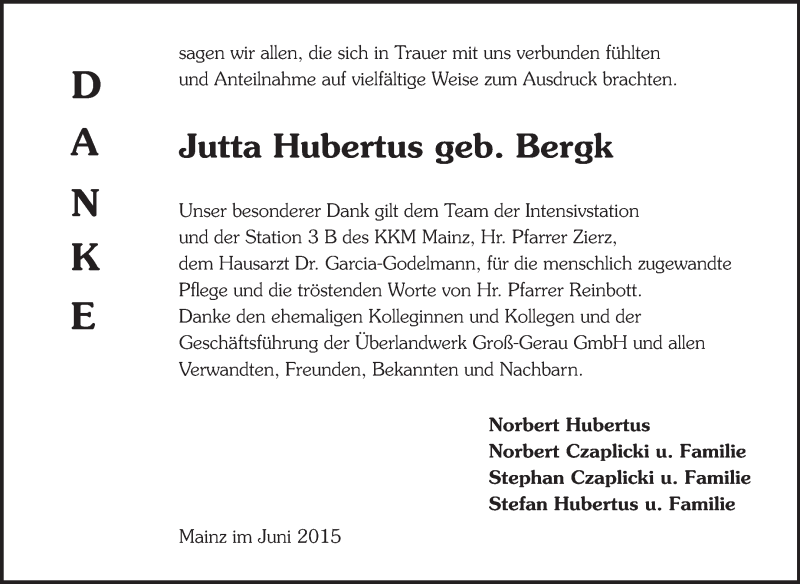 Traueranzeige für Jutta Hubertus vom 13.06.2015 aus Rüsselsheimer Echo, Groß-Gerauer-Echo, Ried Echo