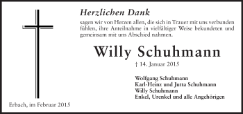 Traueranzeige von Willy Schuhmann von Odenwälder Echo