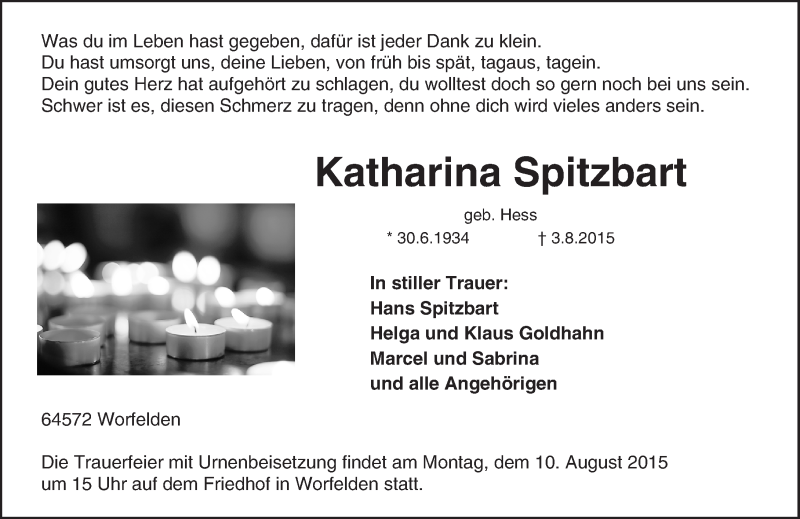  Traueranzeige für Katharina Spitzbart vom 07.08.2015 aus trauer.echo-online.de