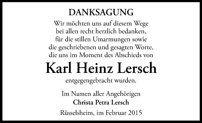  Traueranzeige für Karl Heinz Lersch vom 28.02.2015 aus Rüsselsheimer Echo, Groß-Gerauer-Echo, Ried Echo