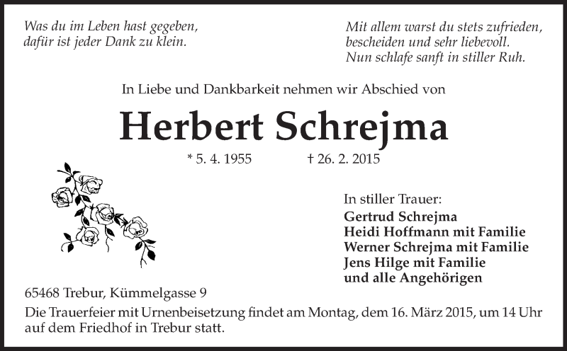  Traueranzeige für Herbert Schrejma vom 13.03.2015 aus Rüsselsheimer Echo, Groß-Gerauer-Echo, Ried Echo