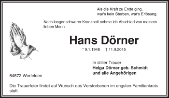 Traueranzeige von Hans Dörner von trauer.echo-online.de