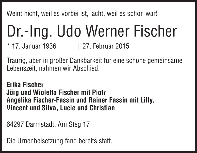  Traueranzeige für Udo Werner Fischer vom 14.03.2015 aus Echo-Zeitungen (Gesamtausgabe)