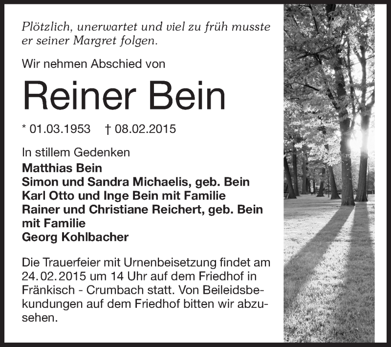  Traueranzeige für Reiner Bein vom 21.02.2015 aus Echo-Zeitungen (Gesamtausgabe)