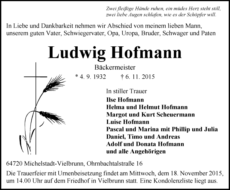  Traueranzeige für Ludwig Hofmann vom 14.11.2015 aus trauer.echo-online.de
