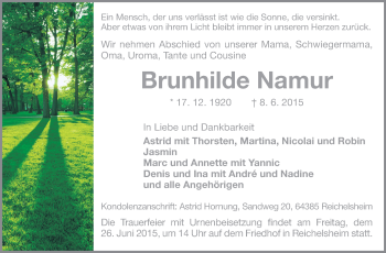Traueranzeige von Brunhilde Namur von Echo-Zeitungen (Gesamtausgabe)