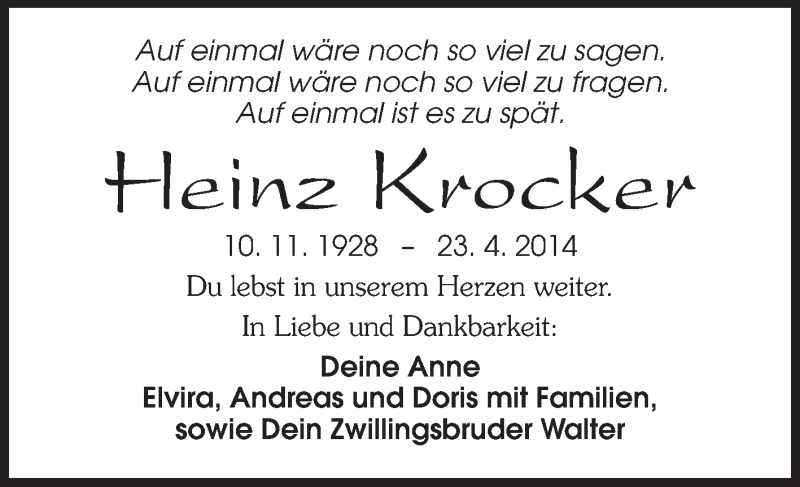  Traueranzeige für Heinz Krocker vom 23.04.2015 aus Echo-Zeitungen (Gesamtausgabe)