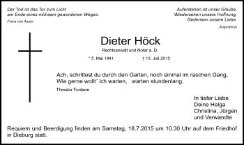 Traueranzeige von Dieter Höck von Echo-Zeitungen (Gesamtausgabe)