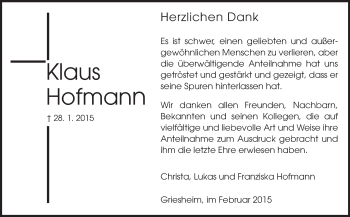 Traueranzeige von Klaus Hofmann von Echo-Zeitungen (Gesamtausgabe)