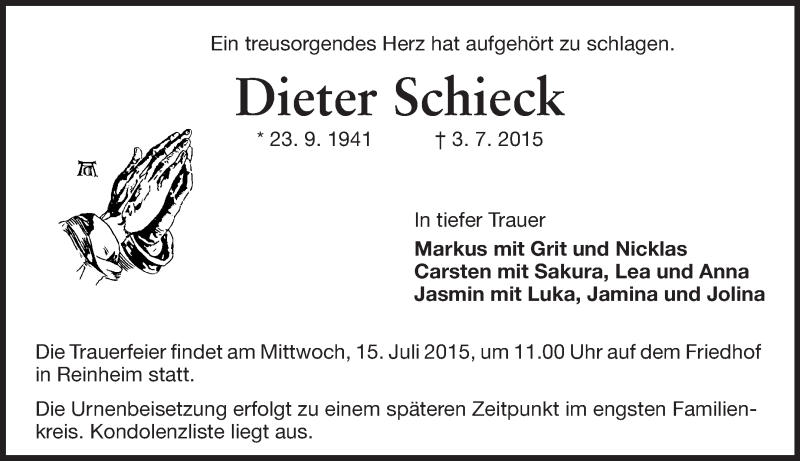  Traueranzeige für Dieter Schieck vom 11.07.2015 aus Echo-Zeitungen (Gesamtausgabe)