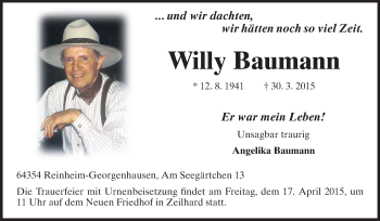 Traueranzeige von Willy Baumann von Echo-Zeitungen (Gesamtausgabe)